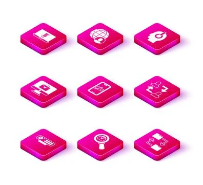 Set Web camera, Magnifying glass with briefcase, Online working, Video Off .. Stock Illustration