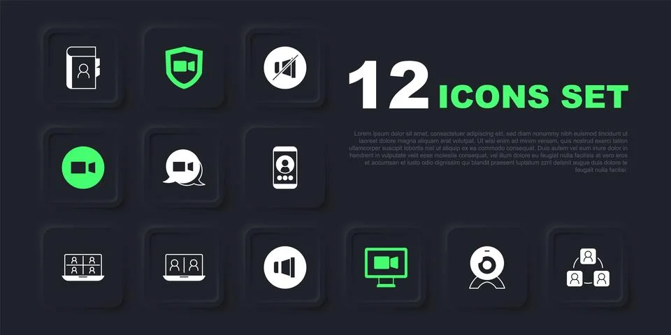 Set Web camera, Meeting, Video chat conference, and Speaker volume icon. Vect Stock Illustration