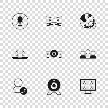 Set Web camera, Meeting, Video chat conference, Movie, film, media projecto.. Stock Illustration