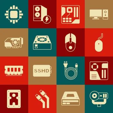 Set Web camera, Motherboard digital chip, Computer mouse, cooler, Video graphic Illustrazione stock