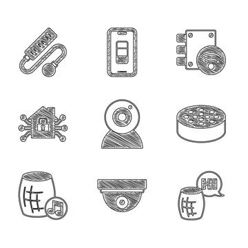 Set Web camera, Motion sensor, Voice assistant, Water, Smart home, Digital door Illustrazione stock