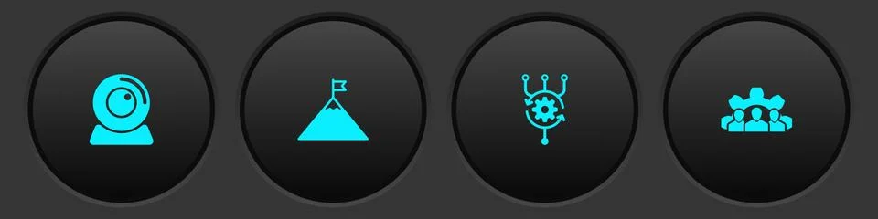 Set Web camera, Mountains and flag, Algorithm and Project team base icon. Vector Stock Illustration