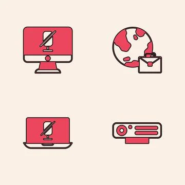 Set Web camera, Mute microphone on computer, Online working and laptop icon Stock Illustration