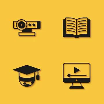 Set Web camera, Online play video, Graduation cap on globe and Open book icon Stock Illustration