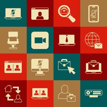 Set Web camera, Online working, Magnifying glass with briefcase, Camera, Office Stock Illustration