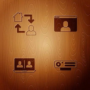 Set Web camera, Online working, Video chat conference and on wooden background Stock Illustration