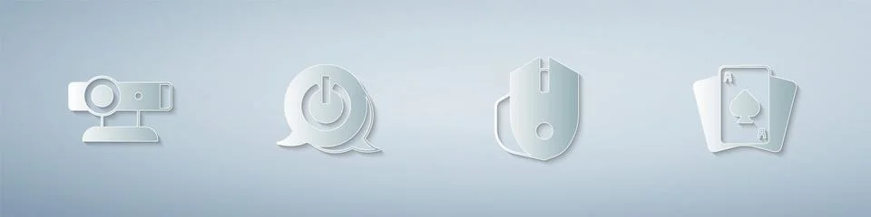Set Web camera, Power button, Computer mouse and Playing cards. Paper art sty Stock Illustration