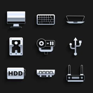Set Web camera, RAM, random access memory, Router wi-fi signal, USB, Hard disk Illustrazione stock