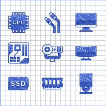 Set Web camera, RAM, random access memory, Optical disc drive, Computer mon.. Stock Illustration