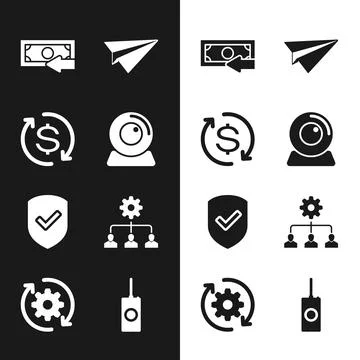 Set Web camera, Return of investment, Cash back, Paper plane, Shield with check Stock Illustration