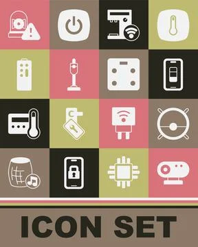 Set Web camera, Robot vacuum cleaner, Smartphone battery charge, coffee machine Stock Illustration