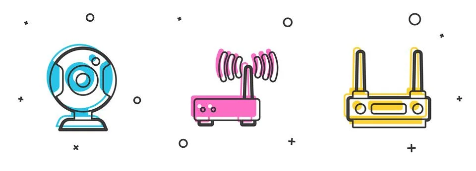 Set Web camera, Router and wi-fi signal and  icon. Vector Stockillustratie