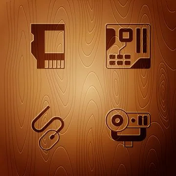 Set Web camera, SD card, Computer mouse and Motherboard digital chip on wooden 스톡 일러스트