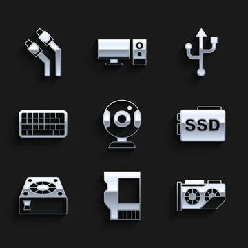 Set Web camera, SD card, Video graphic, SSD, Computer cooler, Keyboard, USB and Illustrazione stock