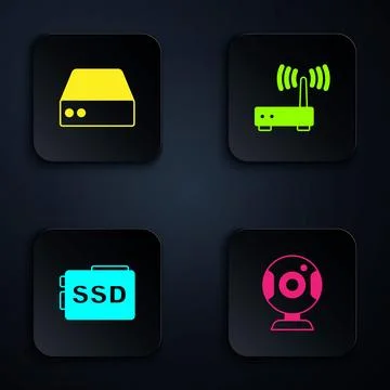 Set Web camera, Server, Data, Hosting, SSD card and Router and wi-fi signal Illustrazione stock