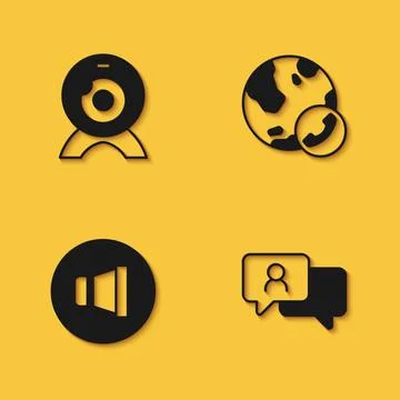 Set Web camera, Speech bubble chat, Speaker volume and Video conference icon Stock Illustration