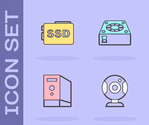 Set Web camera, SSD card, Case of computer and Computer cooler icon. Vector Stock Illustration