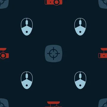 Set Web camera, Target sport and Computer mouse on seamless pattern. Vector Illustrazione stock