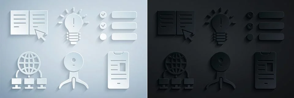 Set Web camera, Task list, Computer network, Online book on mobile, Light bulb Stock Illustration