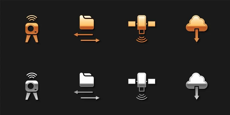 Set Web camera, Transfer files, Satellite and Cloud download icon. Vector Stock Illustration