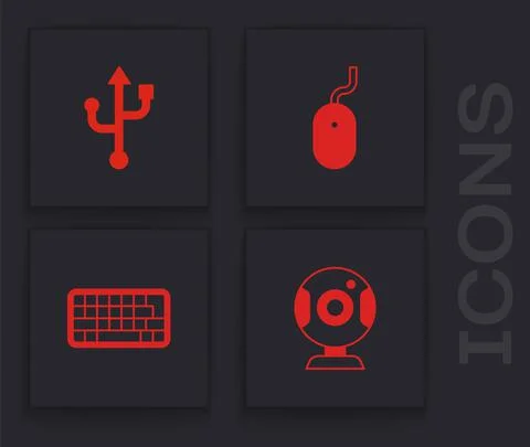 Set Web camera, USB, Computer mouse and Keyboard icon. Vector Illustrazione stock