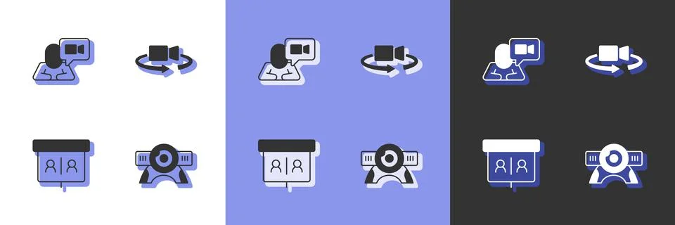 Set Web camera, Video chat conference, and 360 degree view icon. Vector Stock Illustration