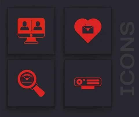 Set Web camera, Video chat conference, Heart with text work and Magnifying glass Illustrazione stock