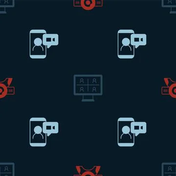 Set Web camera, Video chat conference and  on seamless pattern. Vector 스톡 일러스트