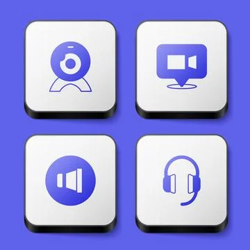 Set Web camera, Video chat conference, Speaker volume and Headphones icon. White Stock Illustration