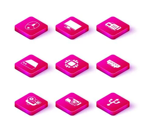 Set Web camera, Video graphic card, Server, Data, Hosting, Processor with CPU Illustrazione stock