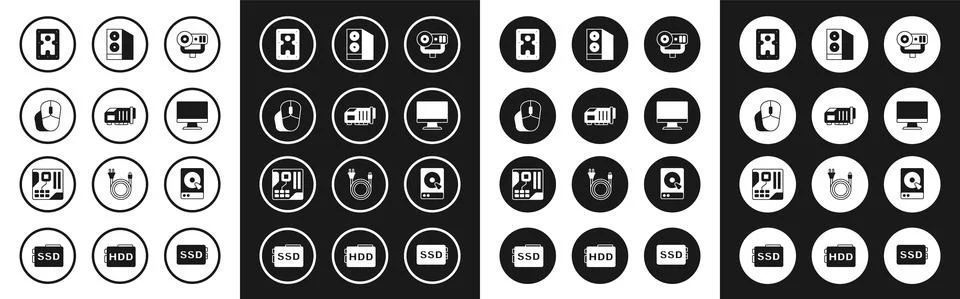 Set Web camera, Video graphic card, Computer mouse, Hard disk drive HDD, monitor 스톡 일러스트