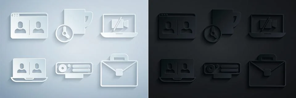 Set Web camera, Video Off on laptop, chat conference, Briefcase, Time manag.. Stock Illustration