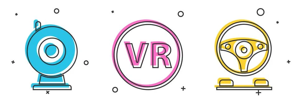 Set Web camera, Virtual reality glasses and Racing simulator cockpit icon Illustrazione stock