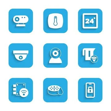 Set Web camera, Water sensor, Digital door lock, Smart electric kettle, Motion Stock Illustration