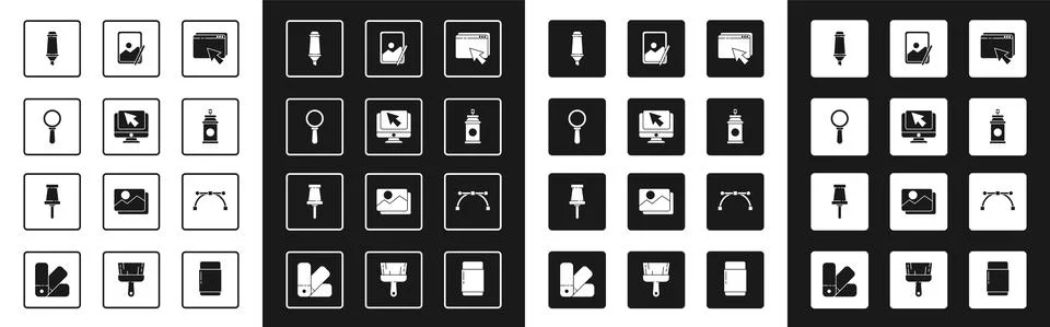 Set Web design and development, Computer monitor cursor, Magnifying glass Illustrazione stock