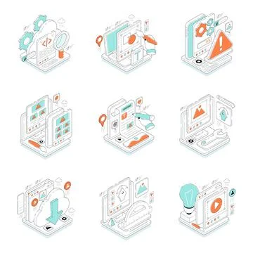 Set of Web Designing Isometric Illustrations Stock Illustration
