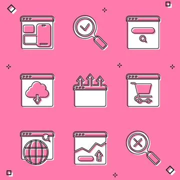 Set Web developer programming code, Magnifying glass with check mark, Search Stock Illustration