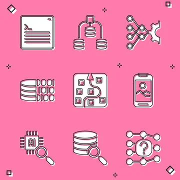 Set Web developer programming code, Server, Data, Neural network, Binary, Mobile Stock Illustration