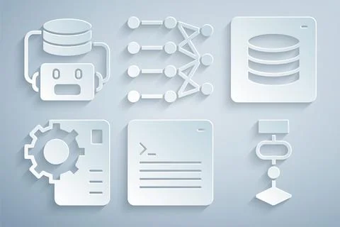 Set Web developer programming code, Server, Data, Neural network, Algorithm, and Stock Illustration