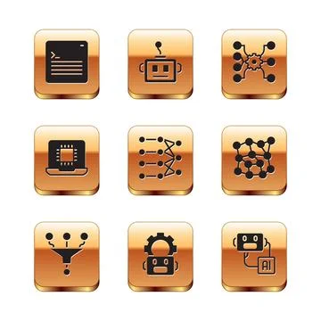 Set Web developer programming code, Funnel or filter, Robot setting, Neural Illustrazione stock