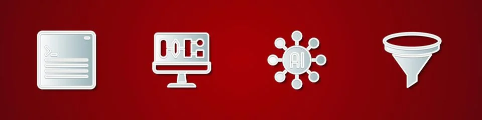 Set Web developer programming code, Algorithm, Neural network and Funnel filter Stock Illustration