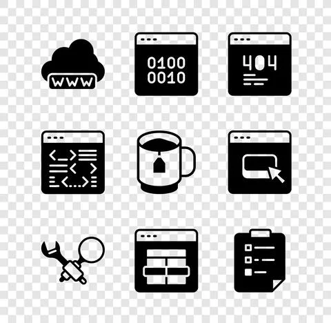 Set Web development, Binary code, Page with 404 error, Debugging, MySQL Stock Illustration