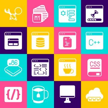 Set Web development, Books about programming, Software, Browser setting, Server Stock Illustration