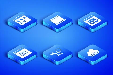 Set Web development, Browser files, Debugging, Binary code, Laptop and MySQL  Stock Illustration