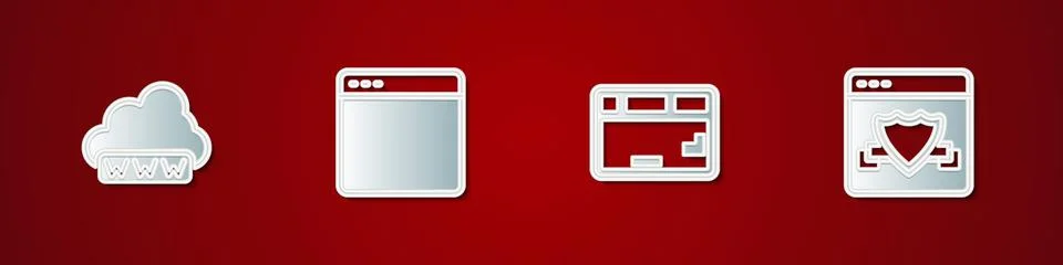 Set Web development, Browser window, Keyboard and with shield icon. Vector Stock Illustration