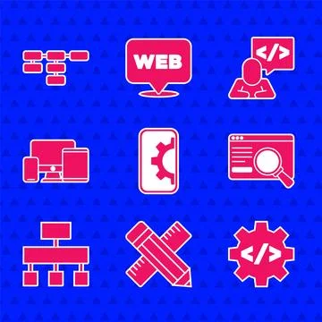 Set Web development, Crossed ruler and pencil, Front end, UI or UX design, Site 스톡 일러스트