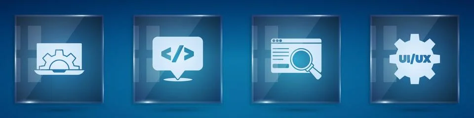 Set Web development, Front end, UI or UX design and . Square glass panels Illustrazione stock