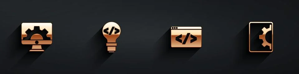 Set Web development, Front end, and icon with long shadow. Vector Illustrazione stock