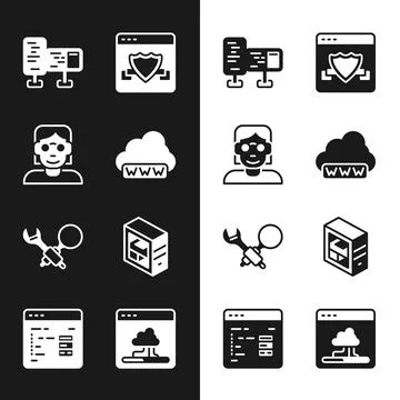 Set Web development, Hacker or coder, Computer monitor screen, Browser with Stock Illustration