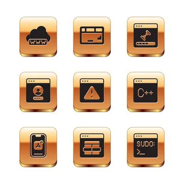 Set Web development, Mobile Apps, MySQL code, Browser with exclamation mark Stock Illustration